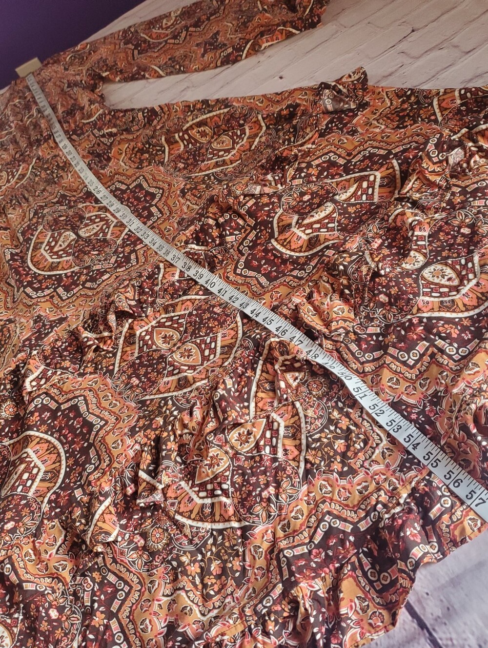 Wrangler Retro Bohemian Maxi Dress Paisley Peasant Western Ruffled XXL Brown - Picture 9 of 13
